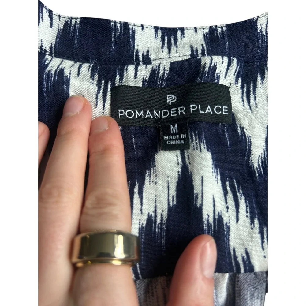 Pomander Place Navy White Ikat Kenzo Dress Chevron‎ Tiered Mini Women's Medium